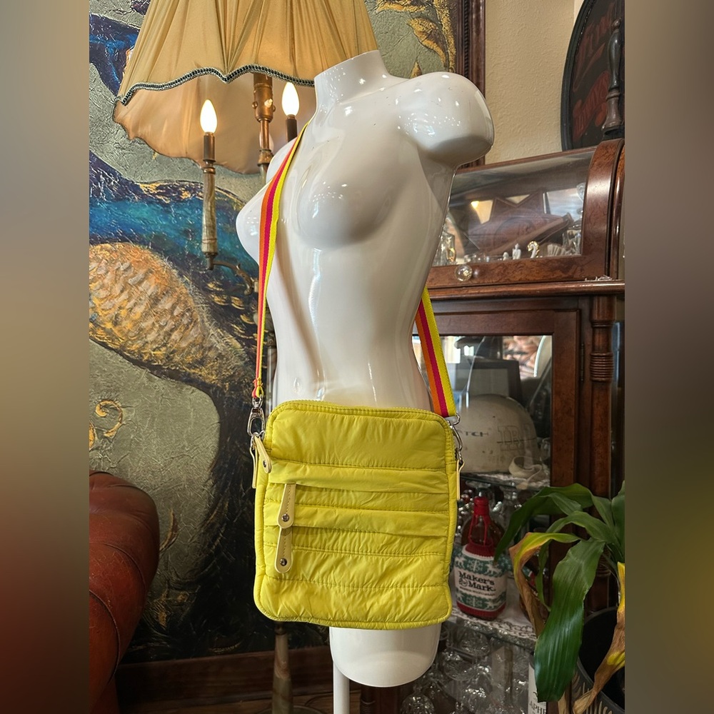 Sondra Roberts Yellow Quilted Crossbody Bag with Striped Strap